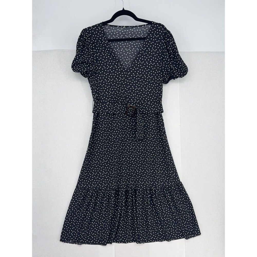 Zara Midi dress with V-neck, short puff sleeves, polka-dot print, and belt sz M - Picture 5 of 13